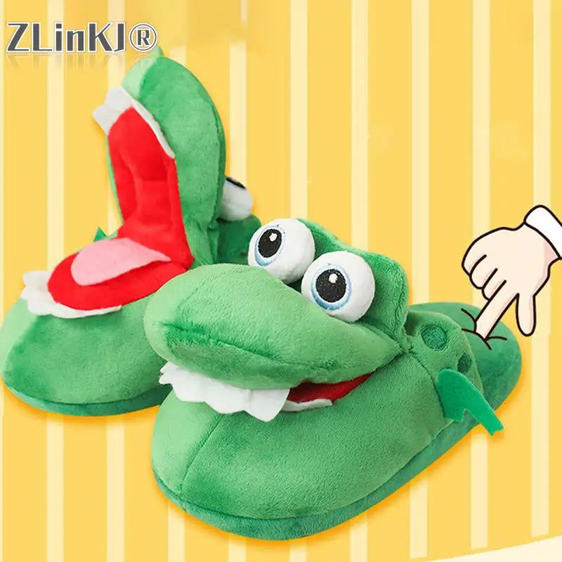 Cartoon Crocodile Cotton Slippers With Moving Mouth Funny Home Cotton Shoes Winter Walking Warm Christmas Gift For Men Women