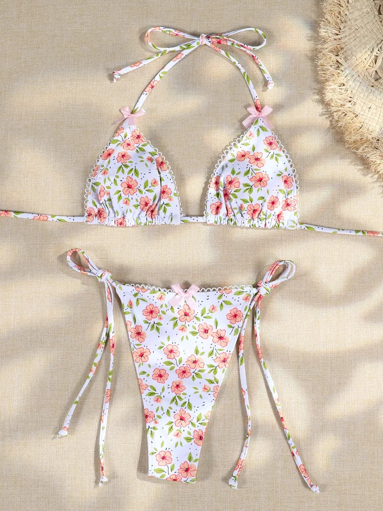 ZRTAK Triangle Lace Bikini Set Sexy Women's Swimwear 2025 Bikinis 3D Floral Print Swimsuit Micro Thong Bandage Bathing Suits