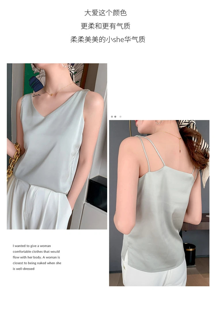 Women's New Four Seasons Inner Wear Silk Suspenders 2022 V-Neck Solid All-Match Satin Vest Soft Loose Thin Lady Sleeveless Tops