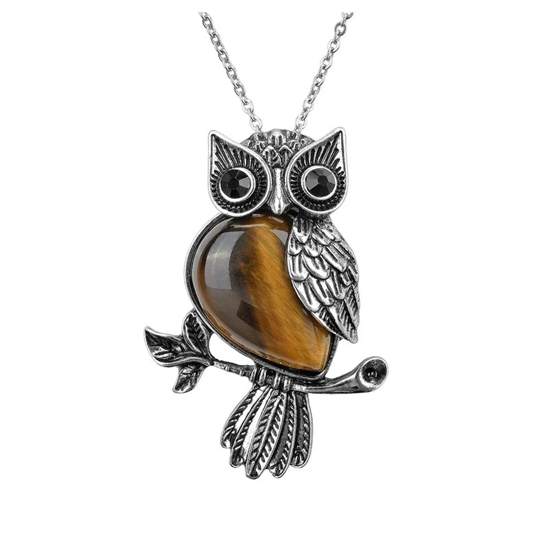 Owl Necklace Healing Crystal Stones Pendant Necklaces for Women Men Natural Amethyst Rose Quartz Gemstone Jewelry