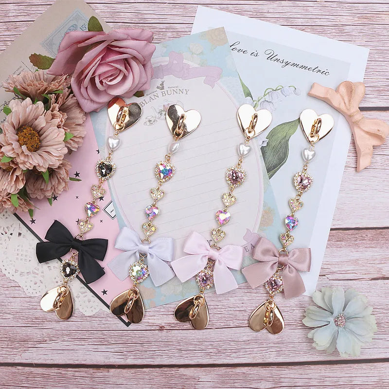 Japanese Sweet Cute Handmade Rhinestone Bow Hairpin Pearl Lace Hairclips Lolita Women Girls Side Clip Bag Pendant Handbag Charms