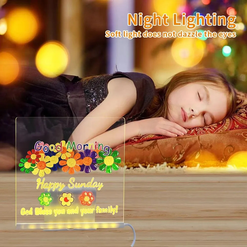 LED Message Board DIY Graffiti Drawing Boards Warm Light USB Plug in Acrylic Kid Painting Board Birthday Christmas Gift Children