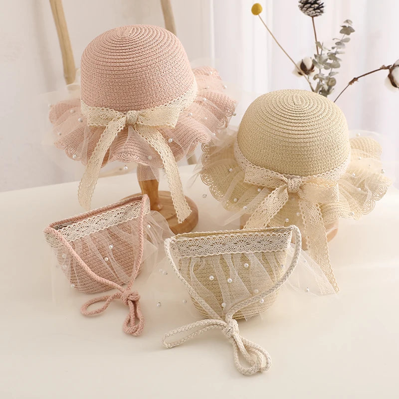 Kids Girls Wide Brim Straw Woven Cap Sun Protection Beach Hat Lace Pearl Summer Floppy Bucket Cap Portable Handbag панама