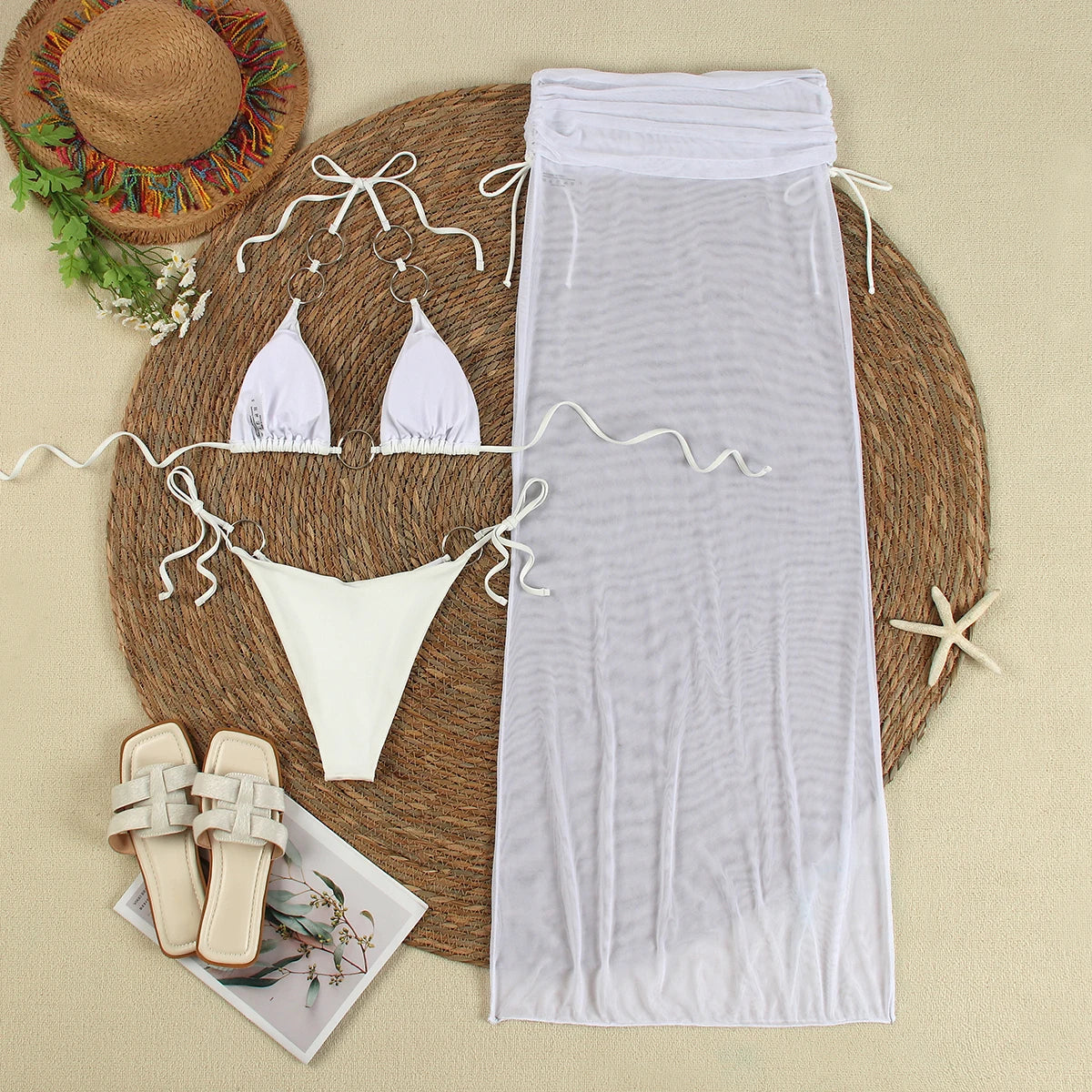 Sexy Ring 3 Piece Bikinis Women Swimsuit 2024 New Swimwear With Long Sleeve Bathing Suit Beachwear Biquini Female