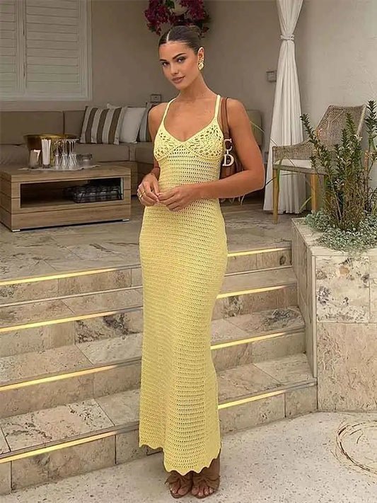 2024 Solid Colour Sexy Knit Cut Out Holiday Swimsuit Cover Up Women's Summer V-Neck Spaghetti Strap Bodycon Beach Maxi Dress K32