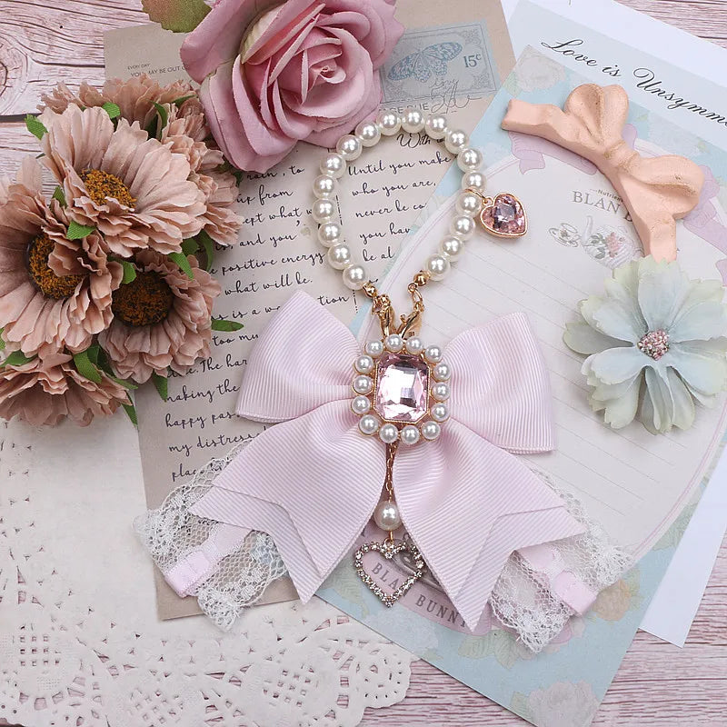 Japanese Sweet Cute Handmade Rhinestone Bow Hairpin Pearl Lace Hairclips Lolita Women Girls Side Clip Bag Pendant Handbag Charms