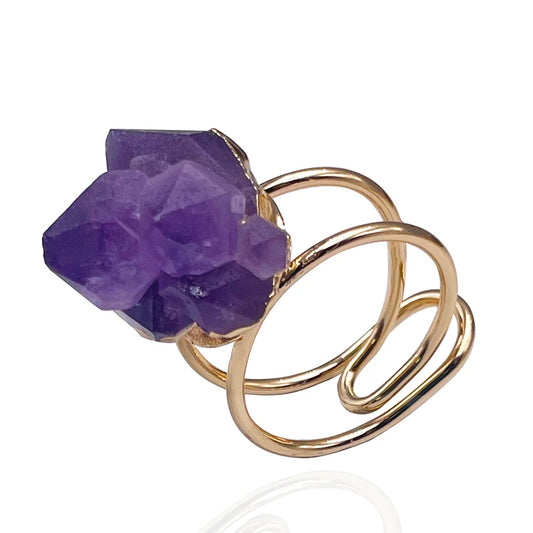 Irregular Raw Amethyst Open Ring for Women Girls Purple Crystal Gemstones Finger Jewelry Resizable