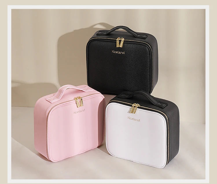 Makeup Travel Train Case with LED Lighted Mirror, 3 Color Adjust Settings, Travel Makeup Bag With Adjustable Dividers,