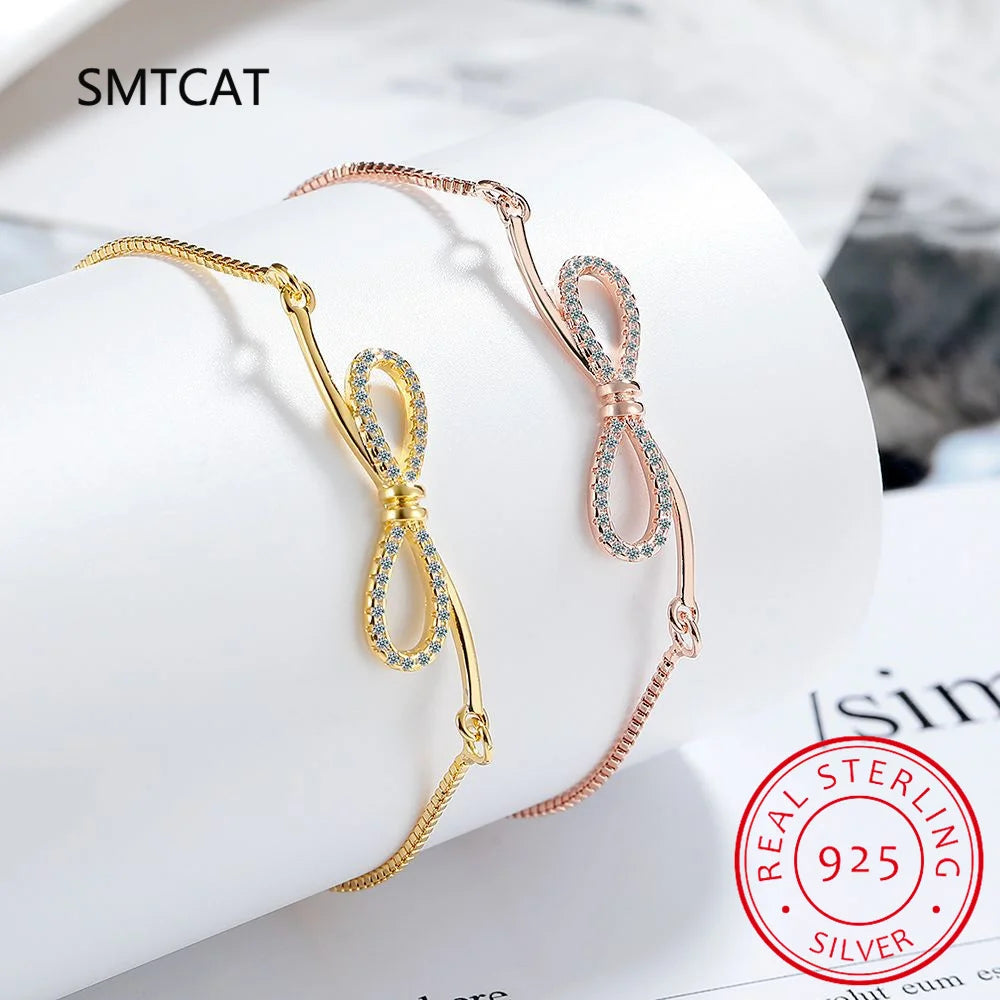 Real 925 Sterling Silver Bowknot Bracelet for Women Shiny Zircon Infinity Love Bracelet Homme Wedding Party Jewelry Gifts