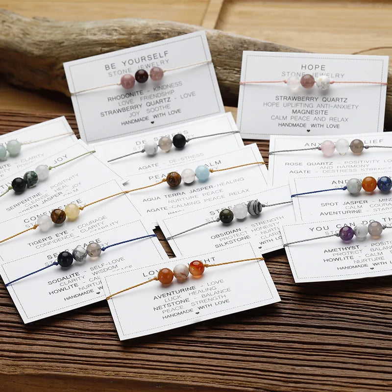 Natural Stone Crystal Round Bead Bracelet Handmade Braid Adjustable Paper Card Rope Chain Yoga Women Men Energy Healing Jewelry