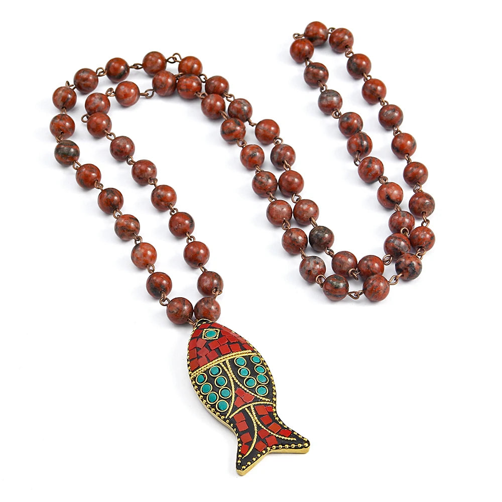 Fashion Link African Stone Ethnic Necklace Bohemian Tribal Jewelry Fish Pendant Halsband For Women Natural Stone Bead Neck