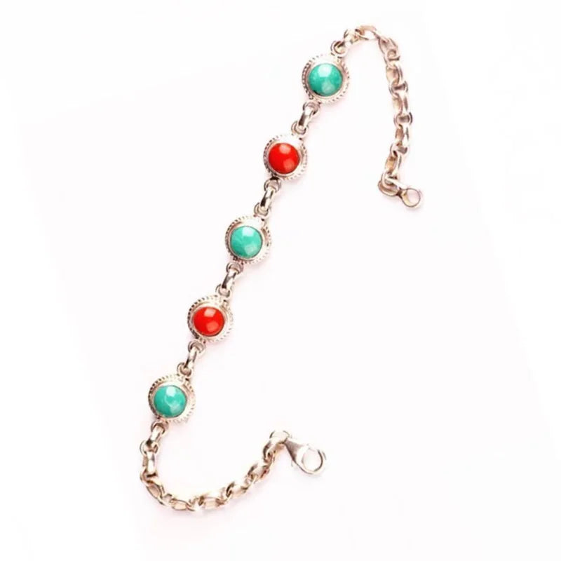 Creative retro ethnic style southern red tourmaline turquoise bangles silver 925 round bead charm bracelet for women jewelry