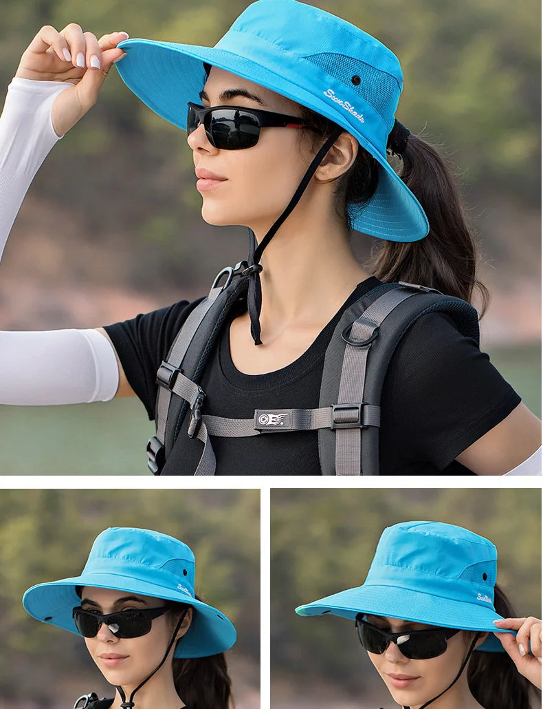 Women Summer Adjustable Bucket Hat with a Ponytail Hole Girls Sun Protection Hiking Cap Parent-child Outdoor Wide Brim Headgear