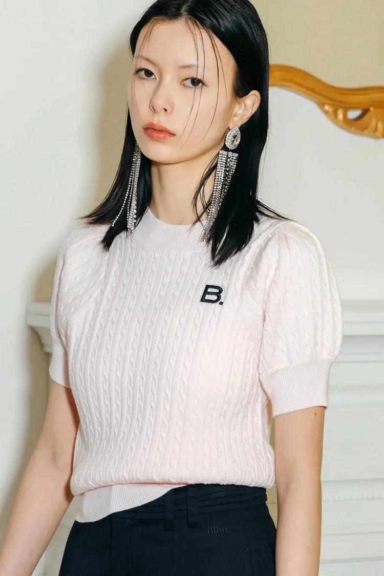 Japanese New Spring Ladies Sweet Bubble Short Sleeve Twist Knitted Top Sweater Letter Embroidered Pure Color Women's T-shirt