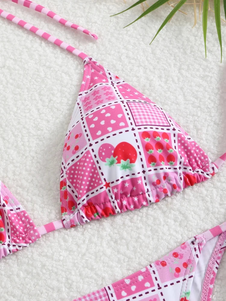 Bikini Women Swimsuit 2025 New Print Halter Bikinis Set Sexy Thong Swimwear Summer Two Piece Backless Beach Bathing Suit Female