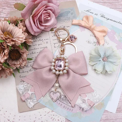 Japanese Sweet Cute Handmade Rhinestone Bow Hairpin Pearl Lace Hairclips Lolita Women Girls Side Clip Bag Pendant Handbag Charms