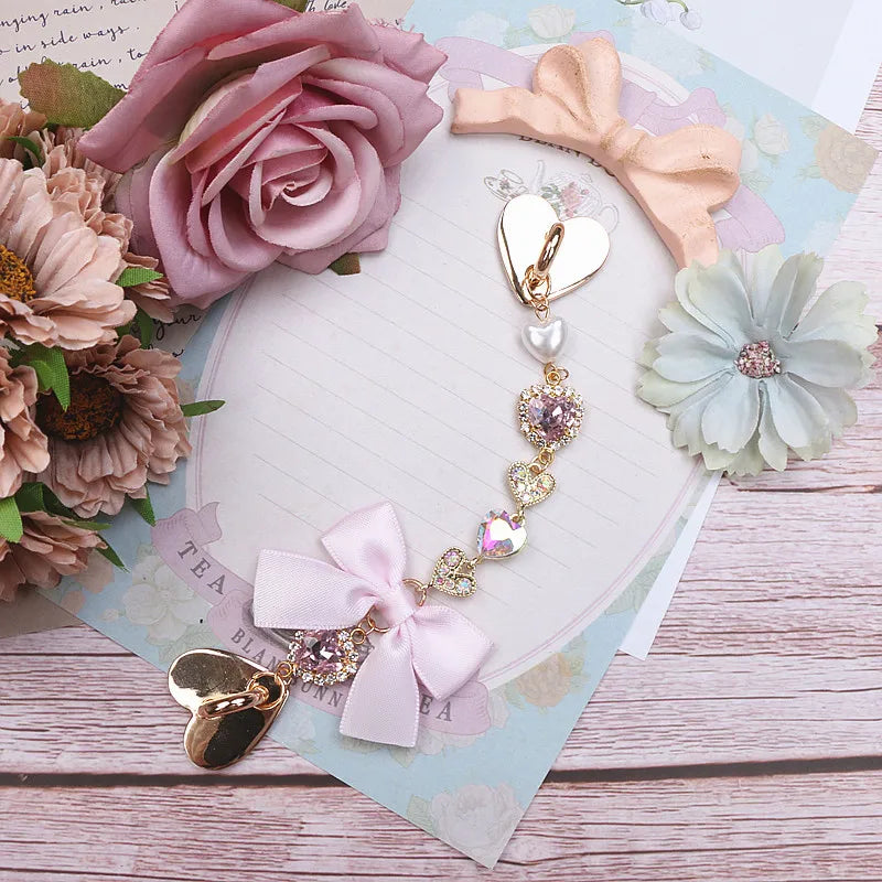 Japanese Sweet Cute Handmade Rhinestone Bow Hairpin Pearl Lace Hairclips Lolita Women Girls Side Clip Bag Pendant Handbag Charms