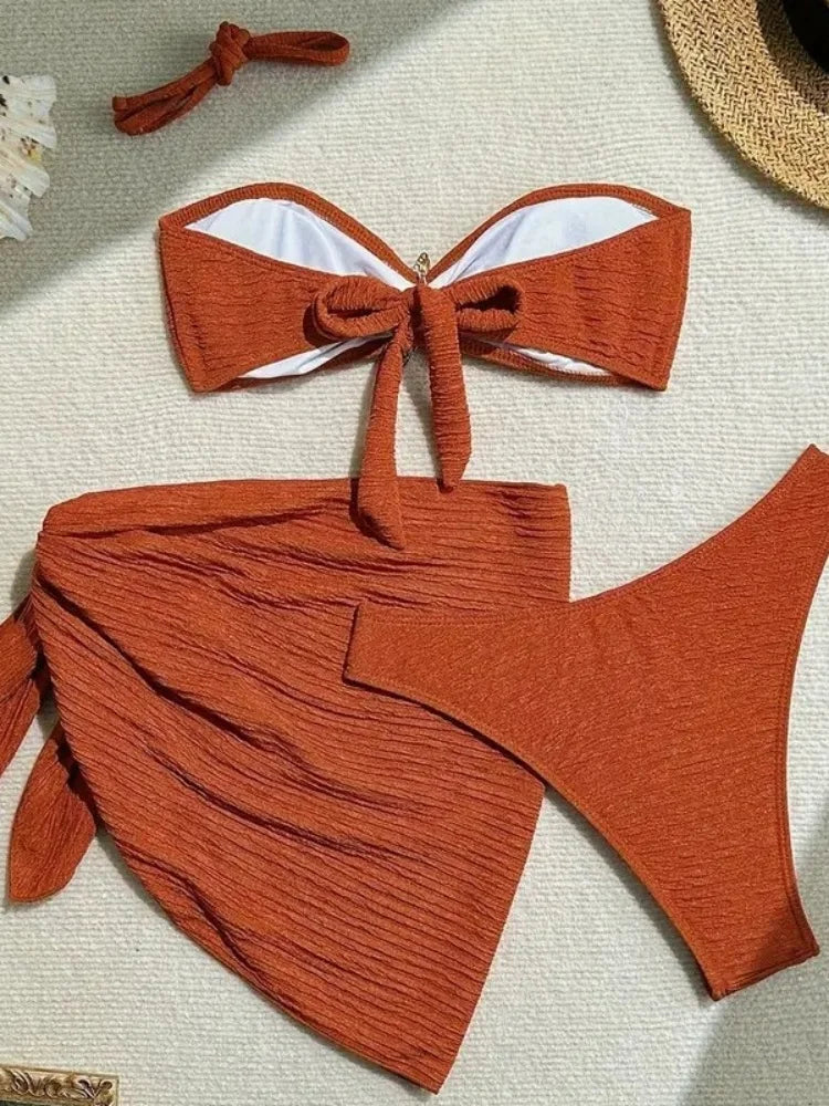 Sexy Metal Starfish Bikinis Set Women Brown Bandeau Push Up Mesh Skirt 3 Piece Swimsuit 2025 Beach Bathing Suit Holiday Swimwear