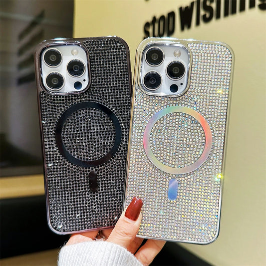 Original For Magsafe Diamond Pattern Phone Case For iPhone 17 16 15 14 12 13 11 Pro Max Plus Magnetic Bling Shiny Solid Cover