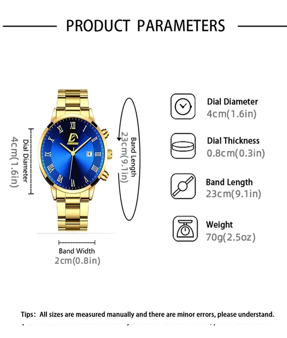 1Pcs Men's Casual Business Stainless Steel Band Quartz Watch 2PCS Luxury Alloy Bracelet Necklace Birthday Christmas Gift Set