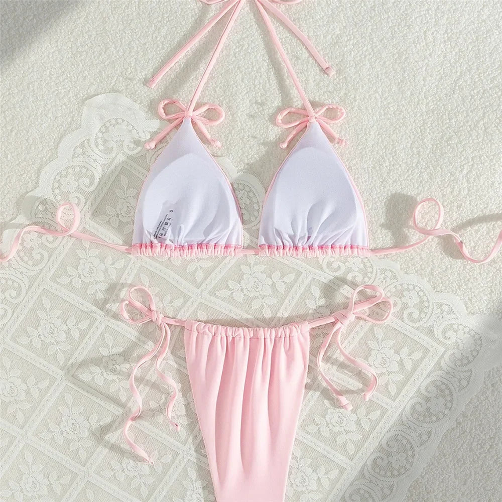 Pink Bow Swimwear String Halter Triangle Micro Bikini Thong Sexy Swimsuit Women Lace-up Wrinkled Bathing Suit Mini Bikinis Sets