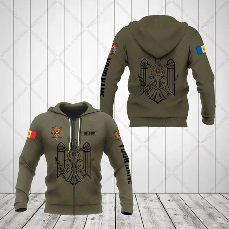 Custom Name Moldova Emblem Olive Hoodies Loose Unisex Pullover Sweatshirts Boy Casual Clothing Oversized Streetwear
