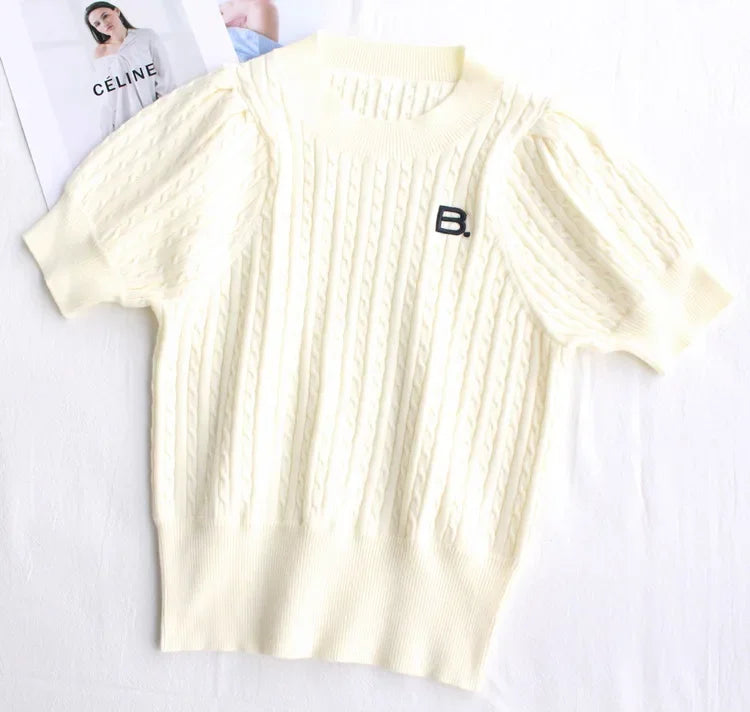 Japanese New Spring Ladies Sweet Bubble Short Sleeve Twist Knitted Top Sweater Letter Embroidered Pure Color Women's T-shirt