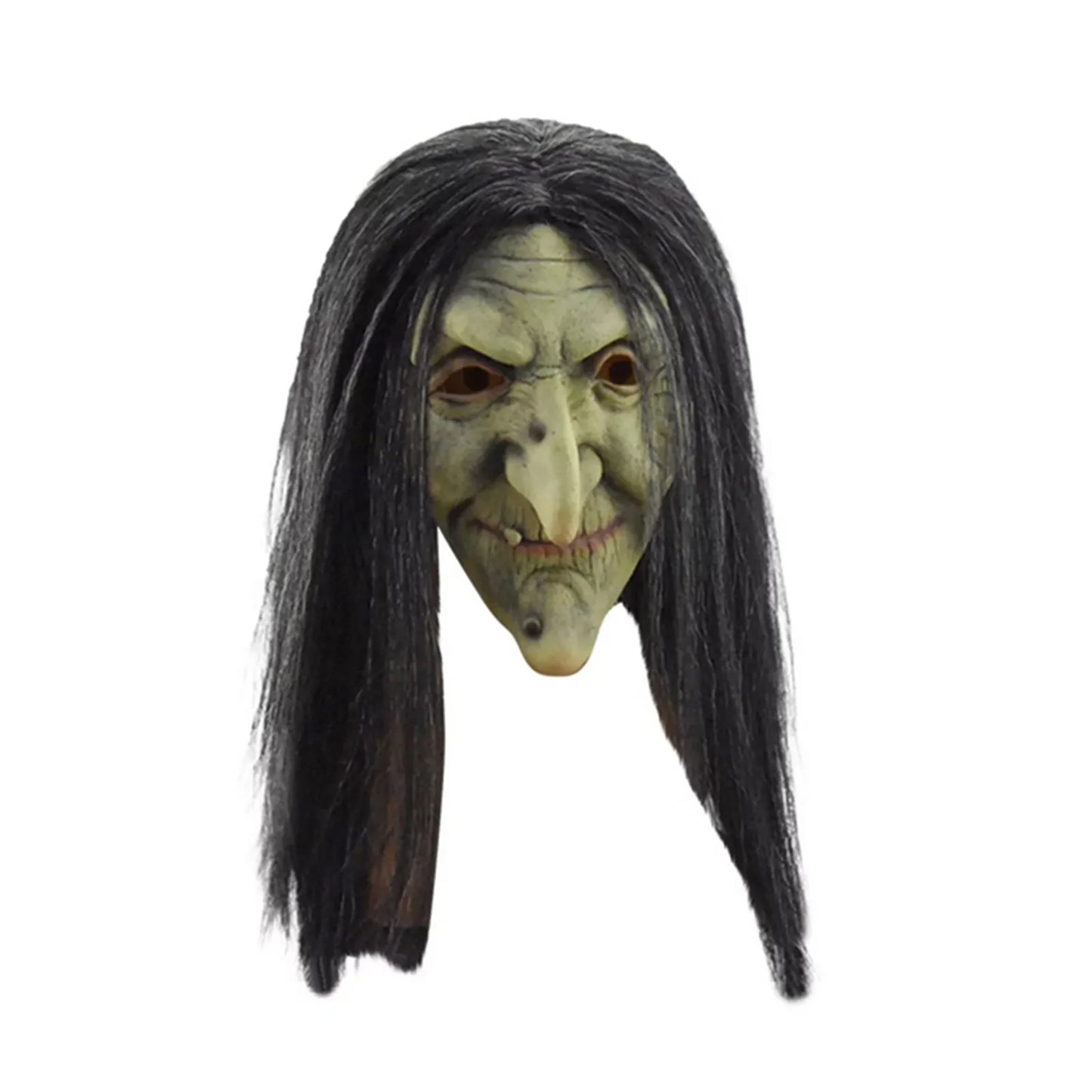 Halloween Old Woman Witch Mask With Horror Green Face Long Hair Party Costume Cosplay Masks Props Cosplay Headdress