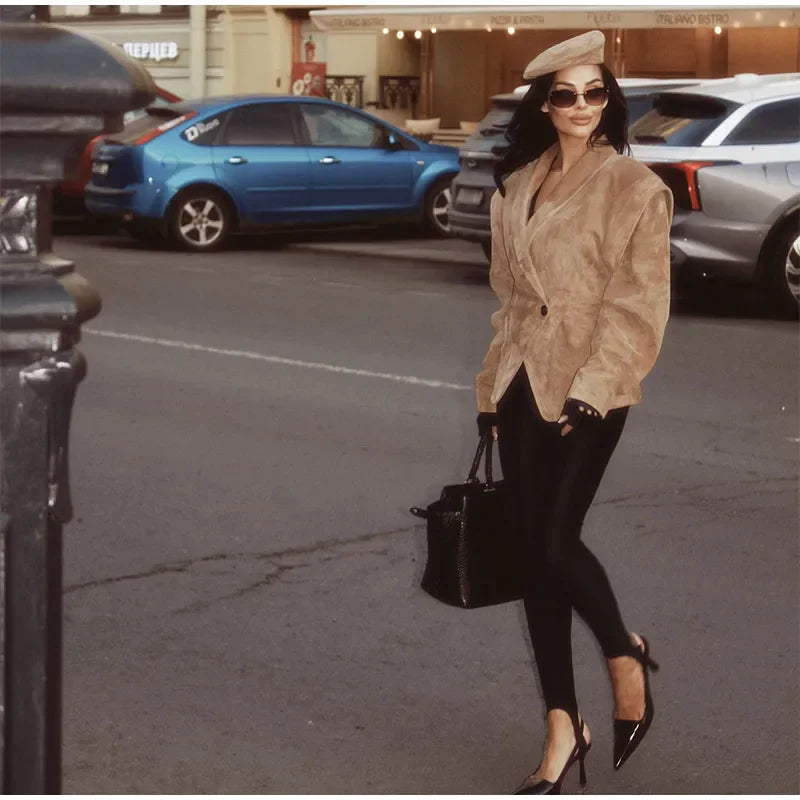 Dark Brown Suede One Button Blazer Women Long Sleeve Wide Shoulders Coat Autumn Highstreet Commute Fashion Solid Lady Outerwears