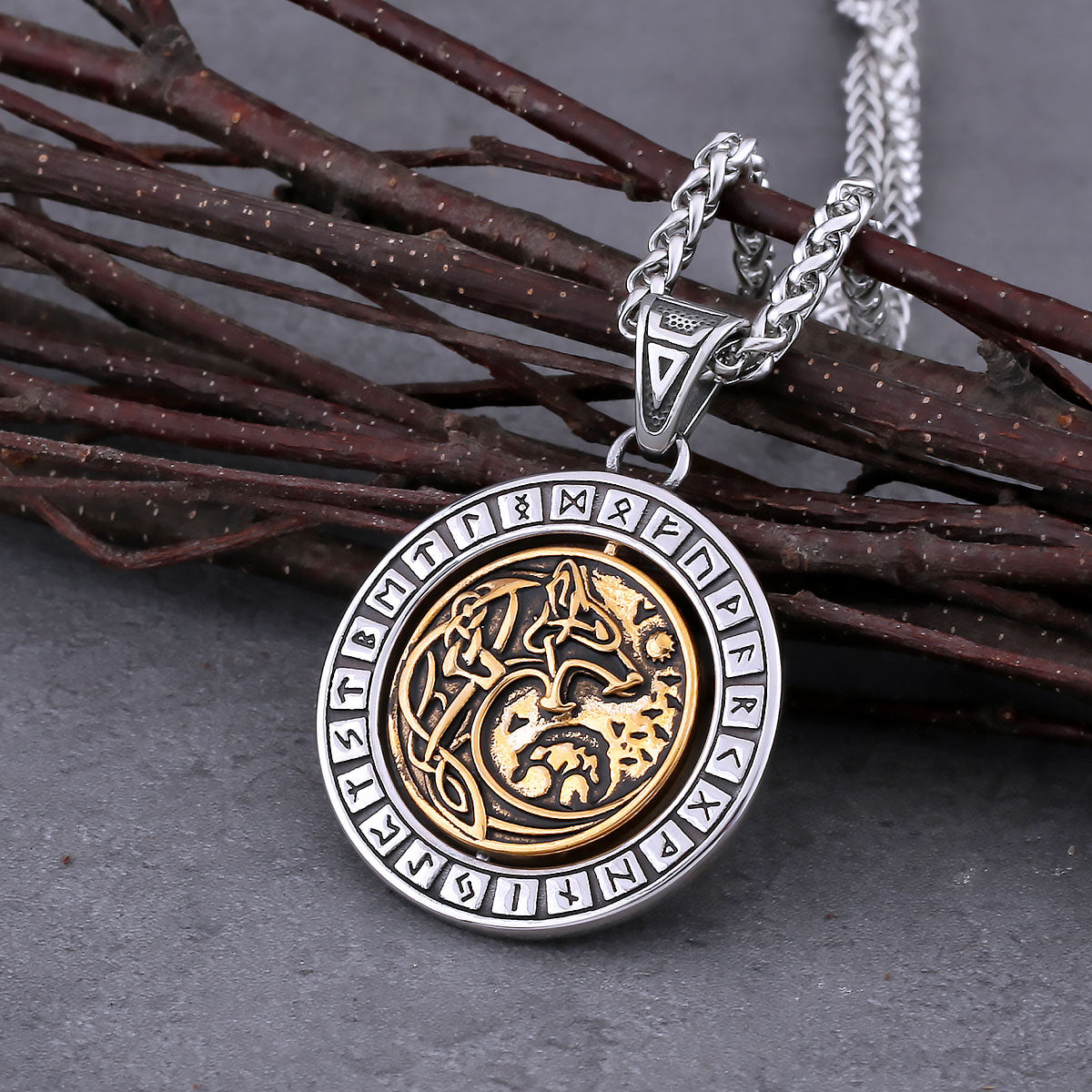 Rotate Vikings Wolf Necklace Stainless Steel Men's Tree of Life Odin Rune Amulet Pendant Necklace Vintage Charm Jewelry As Gift