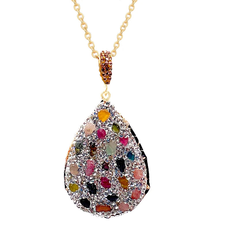 Micro Inlay Irregular Rainbow Tourmaline Pendant Jewelry for Women Girls Necklace Making with Clear Rhinestone