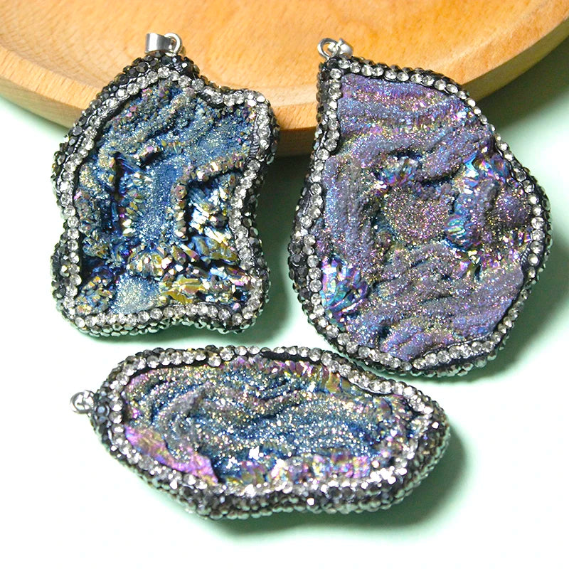 Micro Inlay Rainbow Sun Agate Galaxy Necklace for Women Ladies Irregular Rough Stone Pendant Reiki Healing Crystal Jewelry
