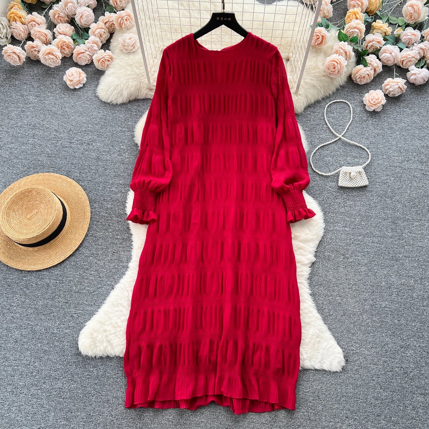 Autumn Vintage Women Draped Loose Midi Dress Elegant Round Collar Puff Long Sleeve Robe Casual Yellow/Burgundy/Green Vestido New