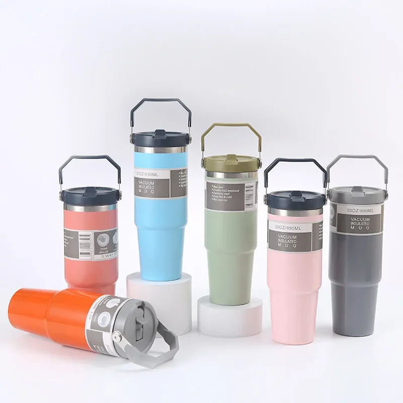 Stainless Steel Thermos Cup with Straw, Portable Car Cup, Travel Sports Water Bottle, Handle Cover, Coffee Vacuum Flask, 30oz