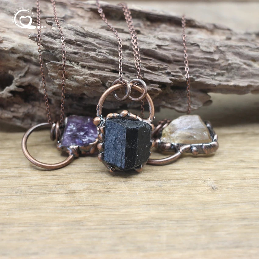 Raw Black Tourmaline Citrines Antique Copper Hoop Pendants Necklace,Healing Energy Ore Amethysts Meditation Retro Jewelry,QC3043