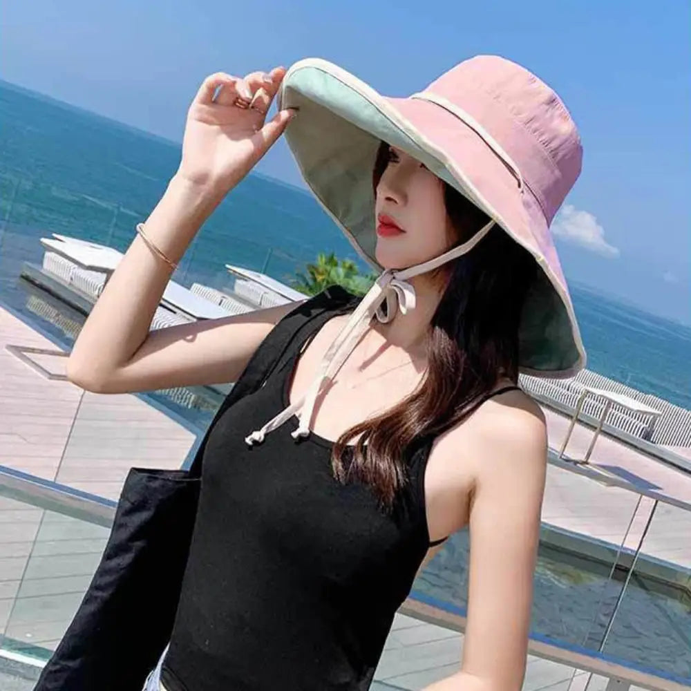 Solid Color Wide Brim Sun Hat Korean Style Anti-UV Sun Protection Hat Fisherman Hat with Neck Rope Women Bucket Hat Ladies