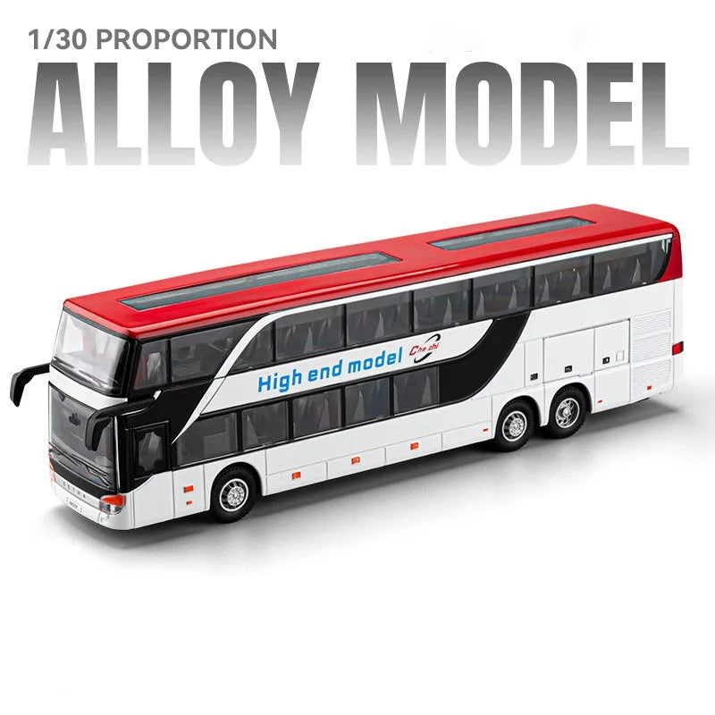 1:30 Business Single Alloy Diecast Double Decker Bus Model Toys Car Doors Opened Sound Light Pull Back Cars Child Christmas Gift