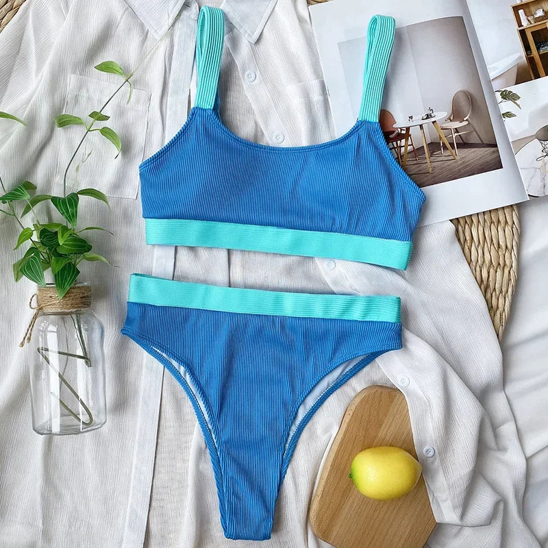 Sexy Splicing Ribbed Bikinis High Waist Bikini 2025 Female Swimsuit Women Swimwear Two-pieces Bikini Set Bathing Suit Swim Lady