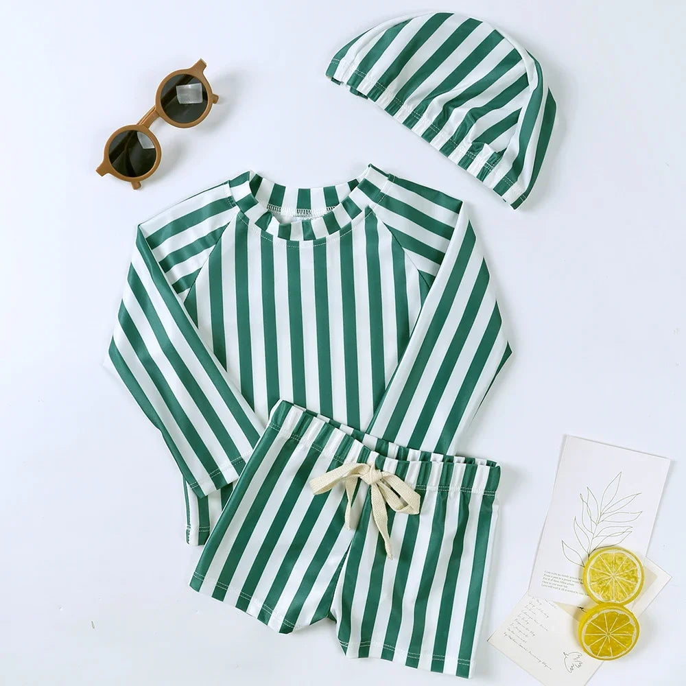 2025 Summer Kids Boy Swimsuits Sun Protection Vacation Beach Pants Long sleeve Tops with Hat Children Surfing Swim Suit 1-7T