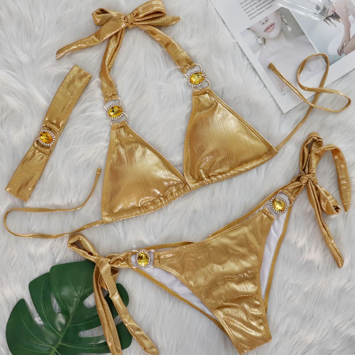2025 New Diamond Rhinestone 3pcs Bikinis Set Crystal Patchwork Push Up Bandage Female Swimsuit with Hairband Bather Bathing Suit