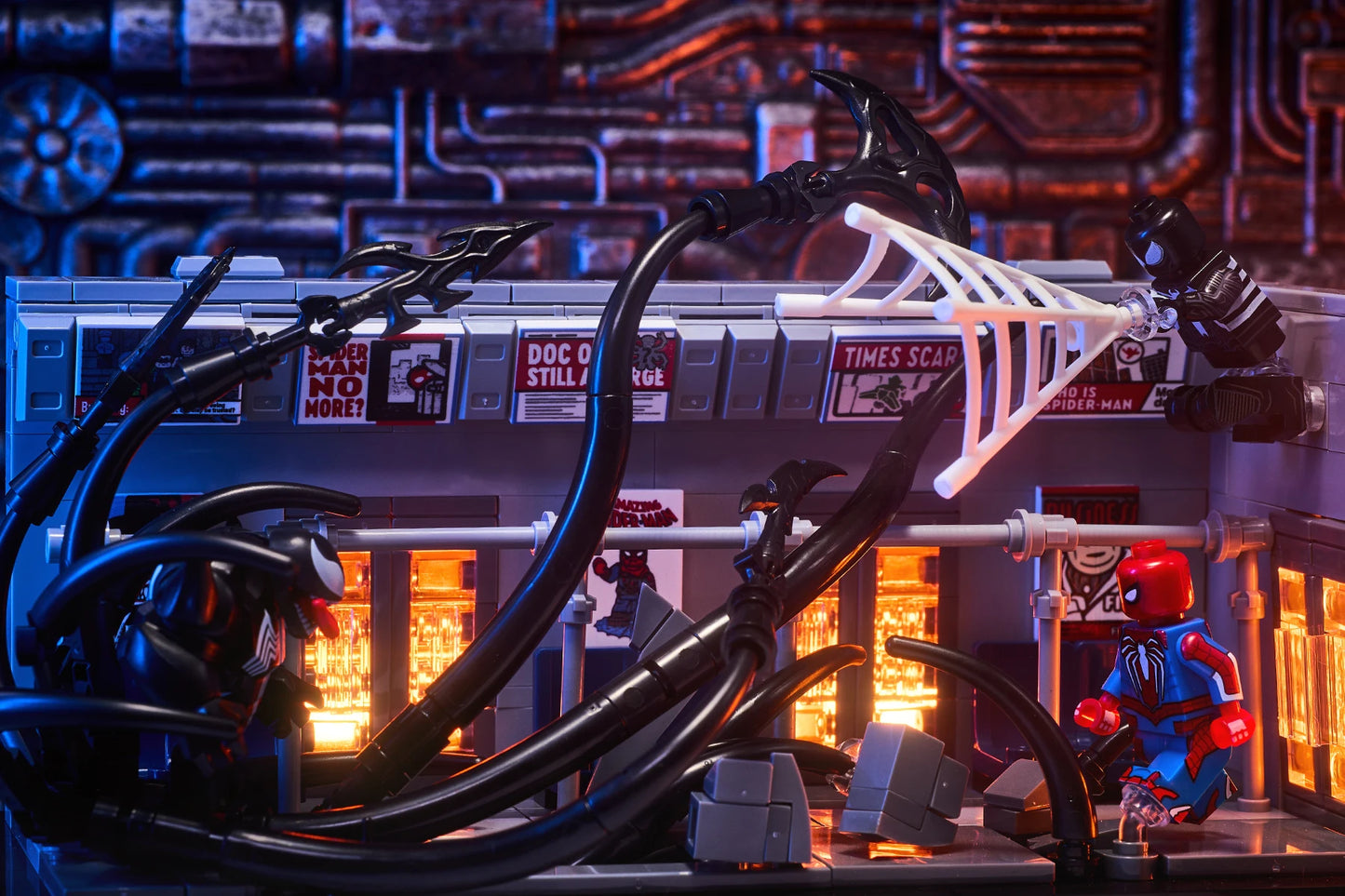 MOC scene: Marvel Venom vs. Spider-Man in the subway. Spider-Man's assembled toy bricks. Christmas gift for a boy and a girl.