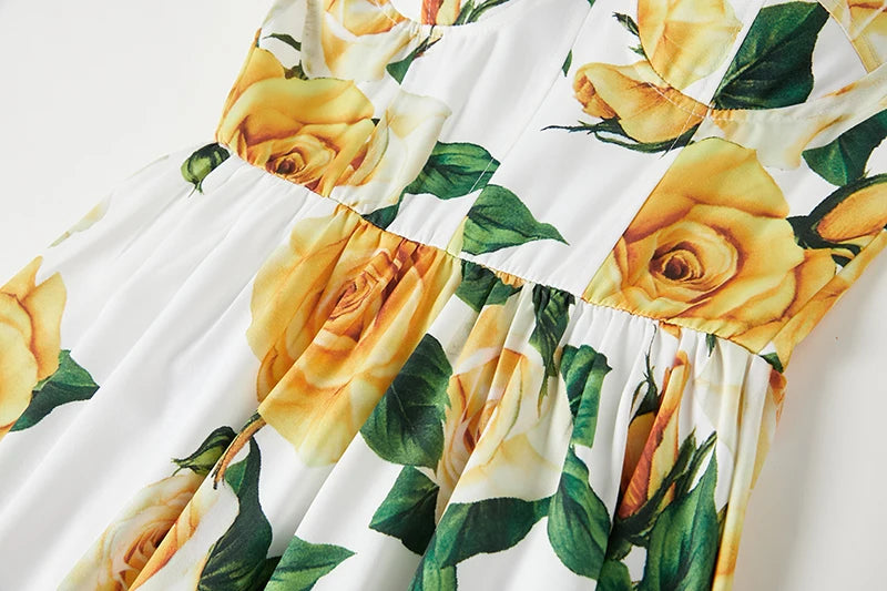 2024 Summer Fashion Short Boho Dress Women Mini Floral Print Dress Female Sleeveless Hanging Belt Printed Waist Folded Dress