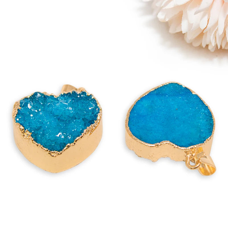 Heart Shaped Druzy Quartz Stone Necklace for Women Raw Crystal Cluster Reiki Healing Pendant Jewelry