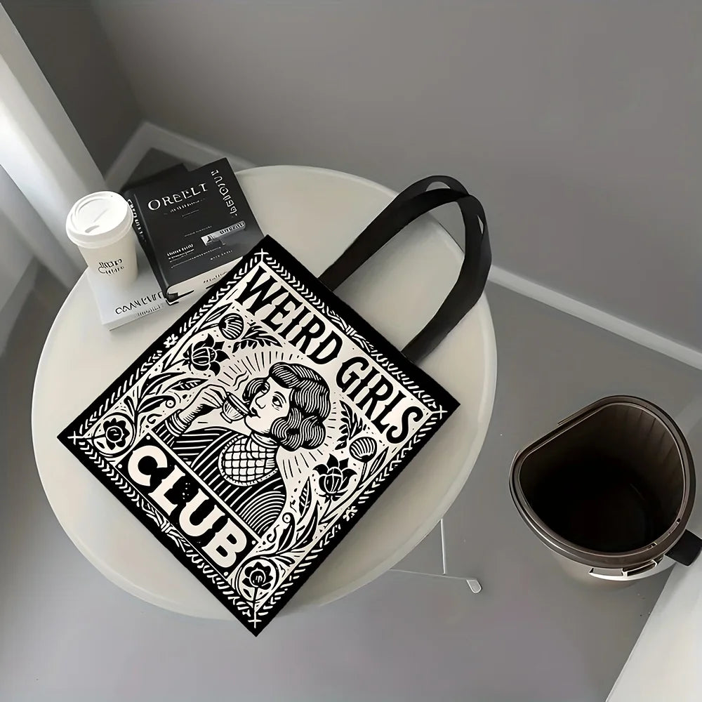 1pc Weird Girls Club Tote Bag Stylish Black & White Floral Design Daily Casual Use Shoulder Bag Christmas Gift for Best Friends