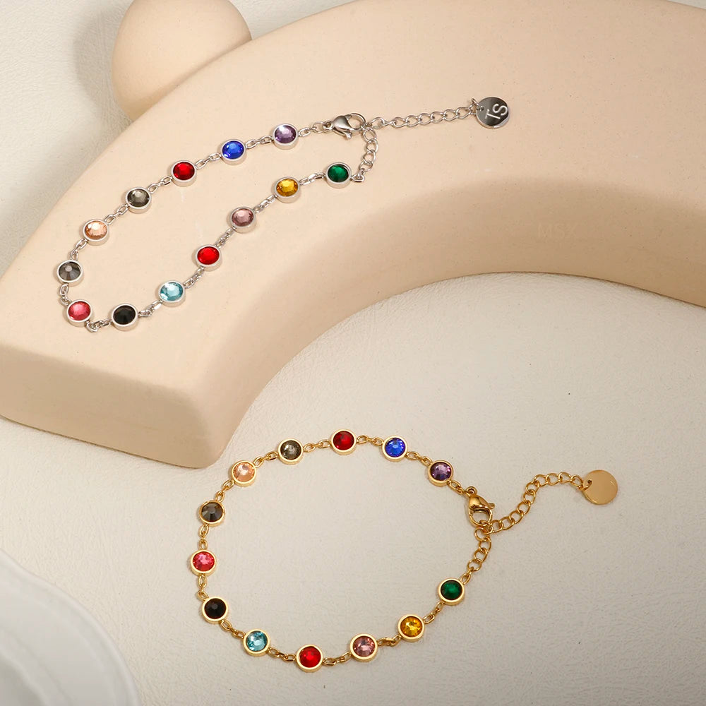JINHUI Colorful Bejeweled Bangle Popularity TS Stainless Steel Bracelets for Women 12 Birthstones Rainbow Crystal Chain Jewelry