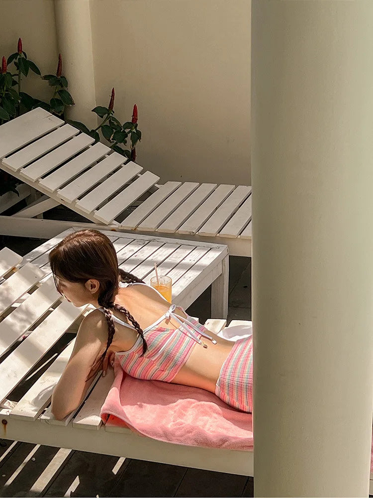 Sexy Stripe Bandeau Swimwear High Waist Bikini 2024 Women 3 Pack Swimsuits with Skirt Bathing Suit Korean Bikinis Set Beach Wear