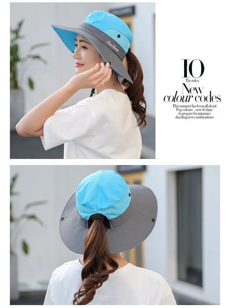 Women Summer Adjustable Bucket Hat with a Ponytail Hole Girls Sun Protection Hiking Cap Parent-child Outdoor Wide Brim Headgear