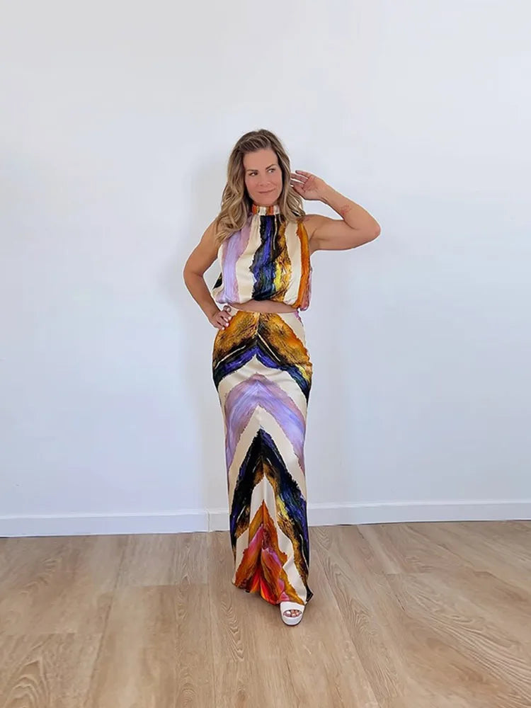 Painterly Print Satin Co-ord Set Sleeveless High Neck Crop Top Slim Fit Maxi Skirt Women's Elegant Chic Party Evening Outfit