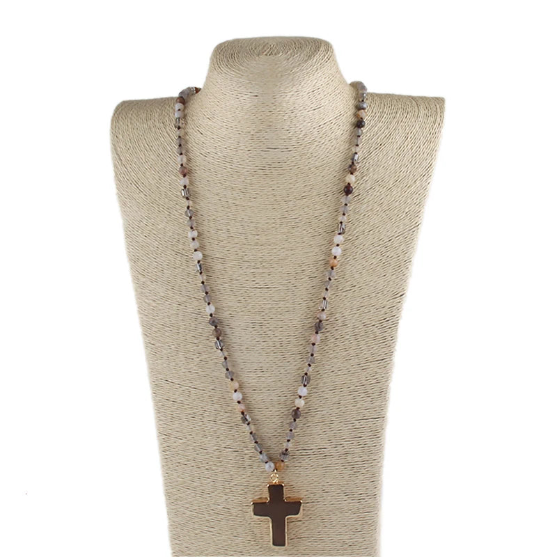 Summer New Bohemian Style Women's Jewelry 6mm Natural Stone Glass Knot Necklace Cross Elliptical Stone Pendant Necklace Sweater