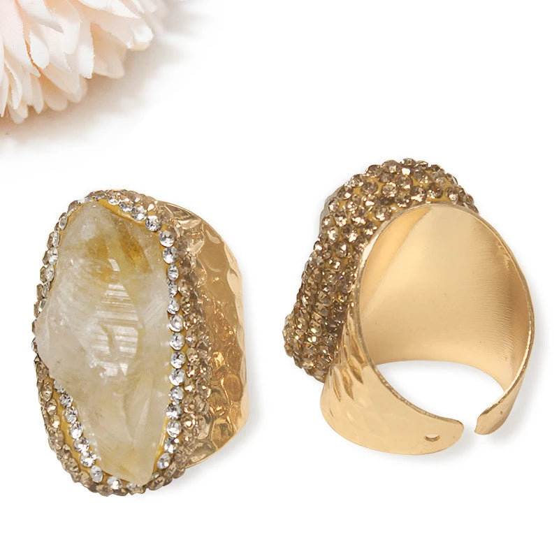 Irregular Citrine Open Ring for Women Micro Inlay Adjustable Reiki Natural Stone Finger Jewelry